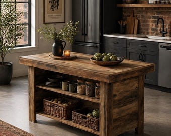 Farmhouse Kitchen Island Table with Storage, Oak Coffee Bar Station, 3-Tier Wooden Kitchen Worktop with Shelves & Leg Room