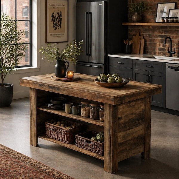 Table de ferme avec îlot de cuisine avec rangement, comptoir de bar en chêne, plan de travail de cuisine en bois à 3 niveaux avec étagères et espace pour les jambes