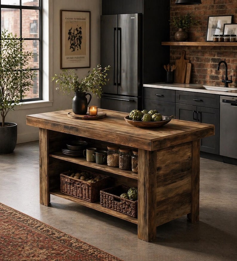 Puede incluir: Isla de cocina de madera r&uacute;stica con estanter&iacute;as abiertas y una encimera grande. La isla cuenta con cestas, tarros y cuencos llenos de productos y art&iacute;culos esenciales de cocina. La cocina tiene una pared de ladrillo y una nevera negra.