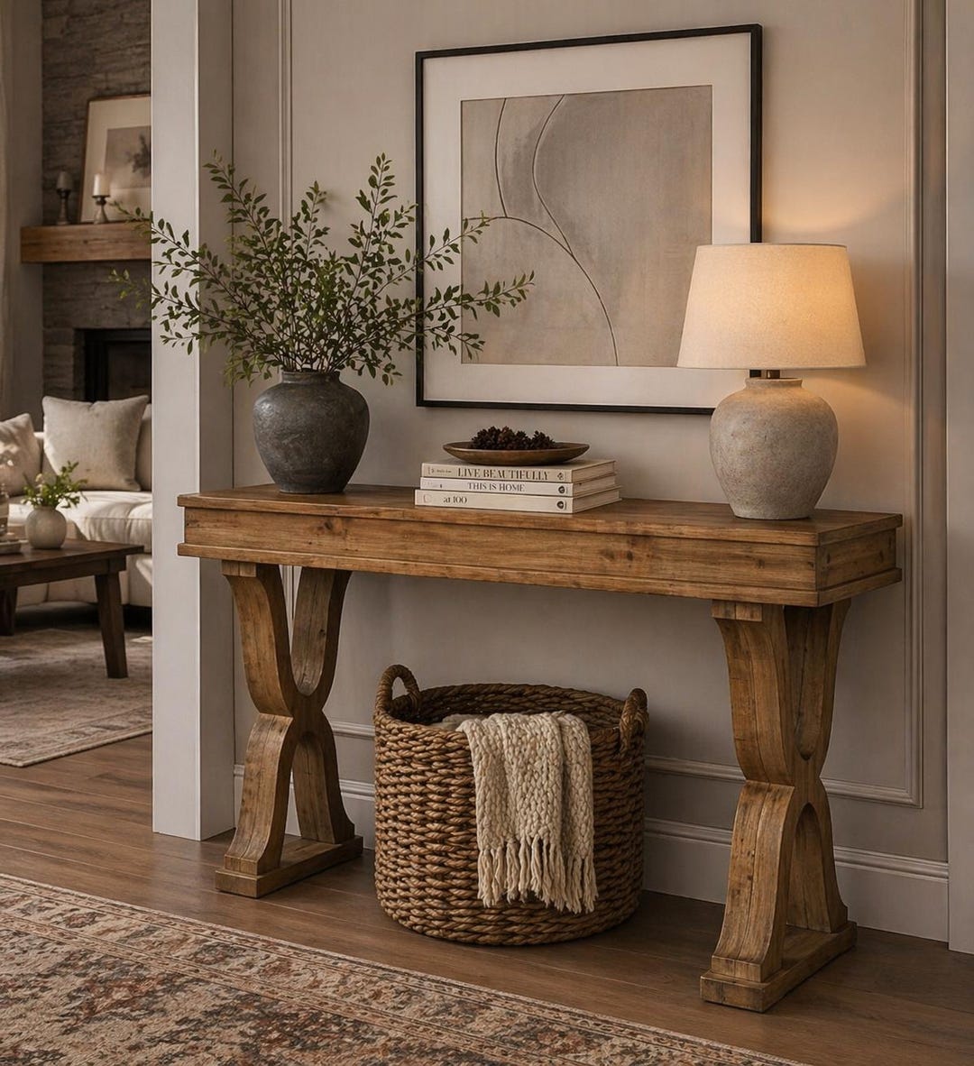 63” Farmhouse Console Table, Solid Wood Entryway Table With X Legs ...