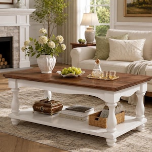 May include: A rectangular coffee table with a dark brown wood top and a white base featuring four turned legs. The table has a lower shelf holding a decorative brown box, a stack of books, and a woven basket. A white vase with flowers sits on top.