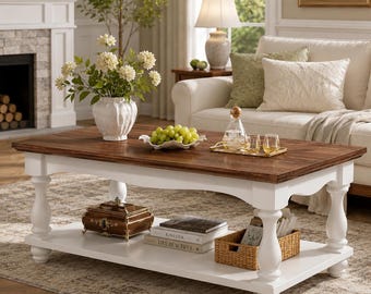 Puede incluir: Una mesa de centro rectangular con una superficie de madera marrón oscuro y una base blanca con cuatro patas torneadas. La mesa tiene un estante inferior que sostiene una caja decorativa marrón, una pila de libros y una cesta de mimbre.