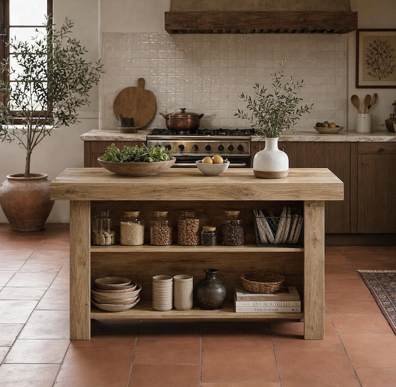 Puede incluir: Isla de cocina r&uacute;stica de madera con estanter&iacute;as abiertas, que muestra varios tarros de granos y especias. La superficie de la isla contiene un cuenco de madera con verduras, un jarr&oacute;n blanco y un cuenco de fruta. La cocina cuenta con una estufa, armarios de madera y suelo de baldosas de terracota.