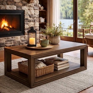 May include: A dark brown wooden coffee table with a lower shelf, holding a woven basket and books. The tabletop displays a candle lantern, a green mug, and a decorative tray with a plant. The room features a fireplace and a window.