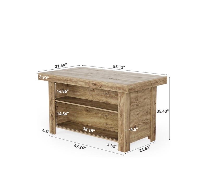 Puede incluir: Una mesa de centro de madera marr&oacute;n claro con dos estantes. La mesa mide 140 cm de largo, 90 cm de alto y 80 cm de ancho. Los estantes miden 37 cm de alto. La mesa tiene un acabado r&uacute;stico de vetas de madera natural.