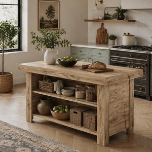 Puede incluir: Isla de cocina de madera marr&oacute;n claro con estanter&iacute;as abiertas. La isla tiene una parte superior rectangular con una tabla de pan y un cuenco de manzanas verdes. Los estantes contienen cestas, cuencos, tarros y un jarr&oacute;n. La cocina cuenta con una estufa, armarios y una ventana.