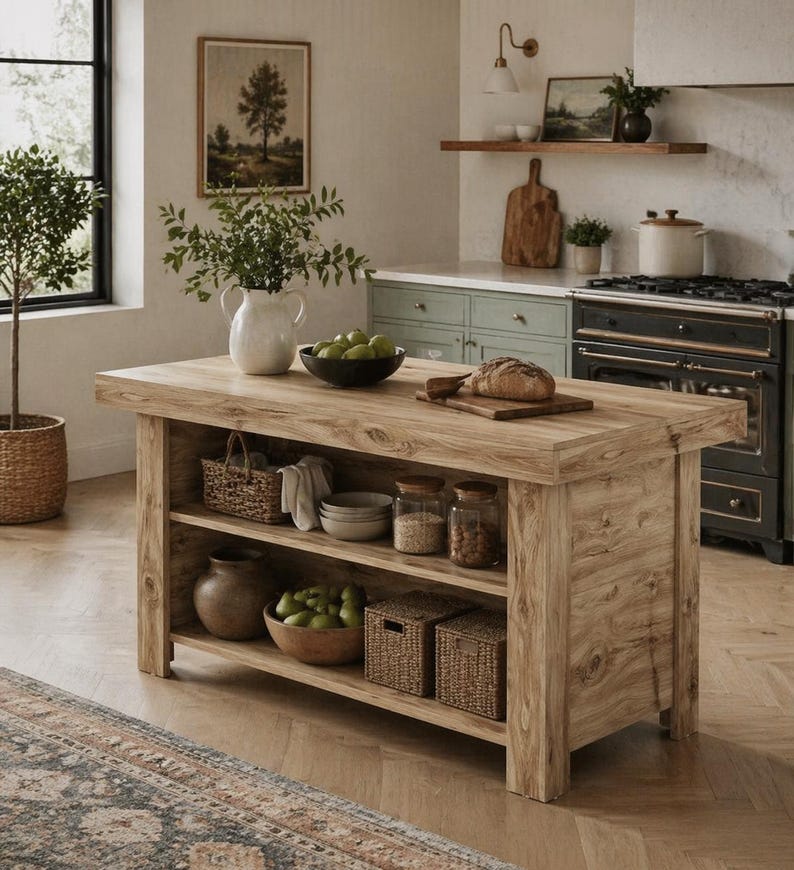 Puede incluir: Isla de cocina de madera marr&oacute;n claro con estanter&iacute;as abiertas. La isla tiene una parte superior rectangular con una tabla de pan y un cuenco de manzanas verdes. Los estantes contienen cestas, cuencos, tarros y un jarr&oacute;n. La cocina cuenta con una estufa, armarios y una ventana.