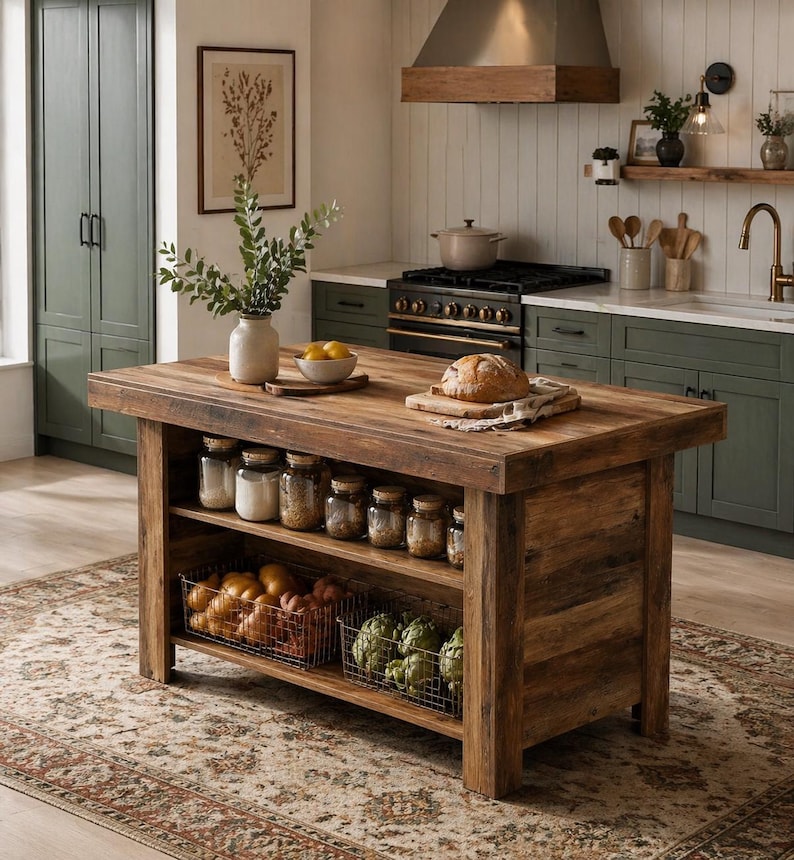 Puede incluir: Isla de cocina de madera r&uacute;stica con dos estantes, que contiene frascos de vidrio con especias, cestas de alambre con productos y una encimera de madera. La isla est&aacute; en una cocina con gabinetes verdes, una campana extractora de acero inoxidable y una alfombra estampada.