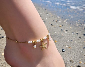 ゴールドトーンのヒトデとパールのアンクレット – エレガントで夏らしい、明るくシックなビーチスタイル
