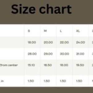 May include: A size chart with measurements in inches for various shirt sizes. The chart includes width, length, and sleeve length measurements for sizes S through 3XL. Size tolerance is also listed.