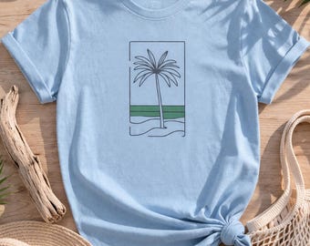 Minimalist Palm Tree T-Shirt | Coastal Line Art Summer Beach Tee