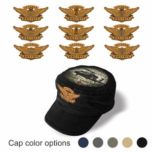 May include: A black military-style cap with a distressed helicopter graphic and the text "ARMY MEDEVAC." Nine gold-colored "Veteran Dustoff" patches are displayed above the cap. The image also shows cap color options.