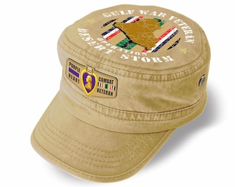 Gorra militar de veterano de la Operación Tormenta del Desierto con Corazón Púrpura – Gorra de combate con cintas