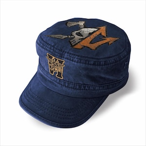 May include: A navy blue military-style cadet cap featuring a distressed graphic on the top panel depicting a skull, an axe, and a spearhead in orange and grey. The front panel displays a gold-coloured emblem with a bird and the letter V.