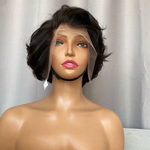 Peluca rizada estilo pixie de 25 cm, frontal de encaje 13x4, 100% cabello humano.