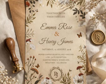 Einladungsset für eine Hochzeit im Cottagecore-Stil: Blumen-, Schmetterlings- und Pilzdesign (Digitaler Download)