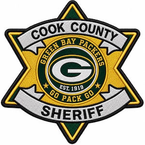 May include: A six-pointed star-shaped embroidered patch featuring a green and yellow color scheme. The text reads COOK COUNTY, GREEN BAY PACKERS, EST. 1919, GO PACK GO, and SHERIFF. A central circle displays a white letter G on a green background.