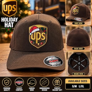 May include: A brown baseball cap featuring an embroidered shield patch on the front with the UPS logo, a Santa hat, holly, and Christmas lights. The cap includes a Flexfit sticker on the brim, with side, back, and interior views shown.