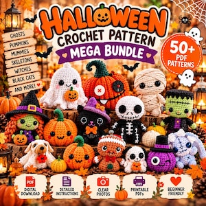 Peut inclure: Un ensemble de modèles de crochet pour Halloween comprenant plus de 50 fichiers PDF. L'image présente diverses figurines crochetées, notamment des fantômes, des citrouilles, des momies, des squelettes, des sorcières et des chats noirs.