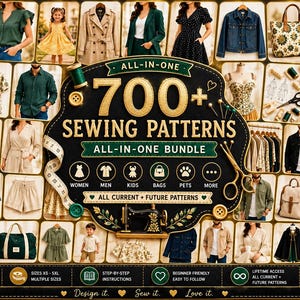 Puede incluir: Una colección digital de más de 700 patrones de costura con un letrero central verde oscuro con texto dorado que dice All-In-One 700+ Sewing Patterns, rodeado por una cuadrícula de prendas, bolsos y accesorios para adultos, niños y mascotas.
