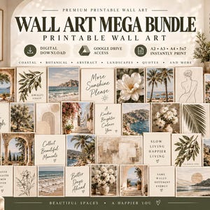 Op de afbeelding: Een digitaal wandkunstpakket met een verzameling printbare posters met kust-, botanische en abstracte thema's. De weergave bevat diverse landschapsfotografie, lijntekeningen en typografische prints met verschillende inspirerende teksten.