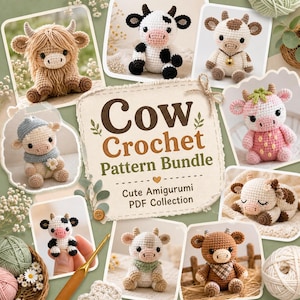 May include: A digital collection of crochet patterns featuring various amigurumi cow designs. The central text reads Cow Crochet Pattern Bundle Cute Amigurumi PDF Collection. The image displays multiple finished stuffed cow toys in different colors.
