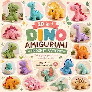 Puede incluir: Una colección de 20 patrones de dinosaurios amigurumi a ganchillo con varias criaturas de hilo de colores, incluyendo un T-Rex verde, un triceratops amarillo, un estegosaurio rosa y un pterodáctilo. El texto dice 20 in 1 DINO AMIGURUMI CROCHET PATTERNS.