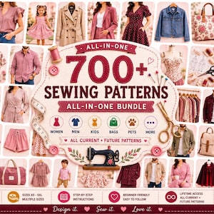 Może przedstawiać: Cyfrowy pakiet ponad 700 wykrojów krawieckich z centralną grafiką zawierającą tekst ALL-IN-ONE 700+ SEWING PATTERNS ALL-IN-ONE BUNDLE, otoczony zdjęciami różnych ubrań, toreb i odzieży dla zwierząt, w tym maszyną do szycia i nożyczkami.