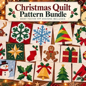 Può includere: Un pacchetto di download digitale di modelli per trapunte natalizie con vari disegni festivi, tra cui una renna, un fiocco di neve, un albero di Natale, una ghirlanda, un bastoncino di zucchero, una stella, una calza, un omino di pan di zenzero, un regalo, una pallina, un pupazzo di neve, agrifoglio, una campana e un cardinale.