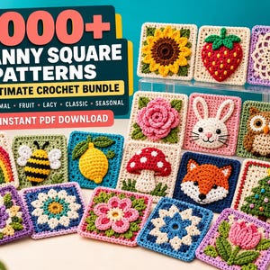 Puede incluir: Una colección de cuadrados de ganchillo coloridos con varios diseños que incluyen un girasol, fresa, arcoíris, abeja, limón, rosa, conejo, búho, seta, zorro, árbol de Navidad y flores, con el texto 2000+ GRANNY SQUARE PATTERNS visible.