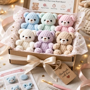 May include: A box of handmade crochet teddy bears in various pastel colors, including blue, green, and pink. The box includes a crochet pattern PDF with instructions to make the plush bears. A tag reads "Handmade with love."
