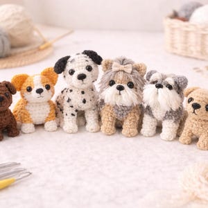 May include: A group of seven crocheted dog figures in different breeds and colours. The dogs are arranged in a row, demonstrating detailed craftsmanship. The colour palette includes brown, white, black, and tan, with some dogs featuring patterned coats.