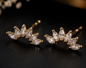 Marquise Cut CZ Fan Stud Earrings – Gold Plated Minimalist Crystal Ear Climber, Elegant Bridal & Everyday Jewelry