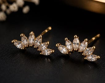 Marquise Cut CZ Fan Stud Earrings – Gold Plated Minimalist Crystal Ear Climber, Elegant Bridal & Everyday Jewelry