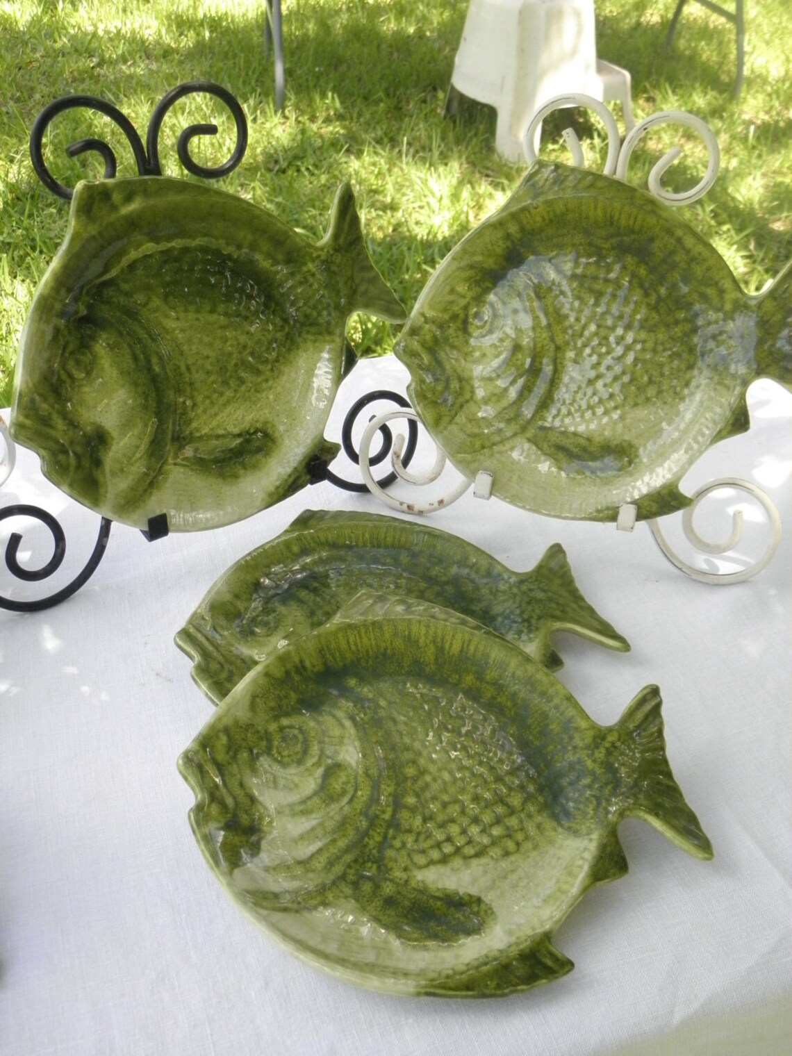 4 Green Glazed Vintage 10 x 9 Fish Plate Etsy