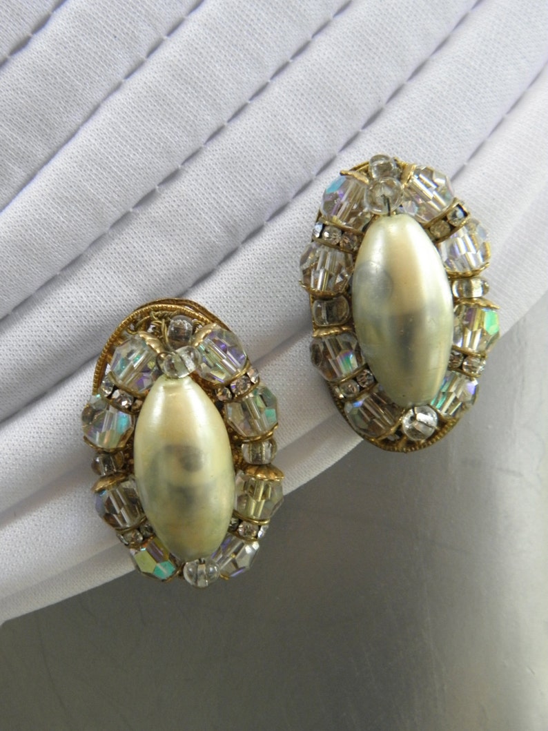 1940/'s Robert Pearl /& AB Crystals Vintage Earrings Miriam Haskell Rondels AB Crystals