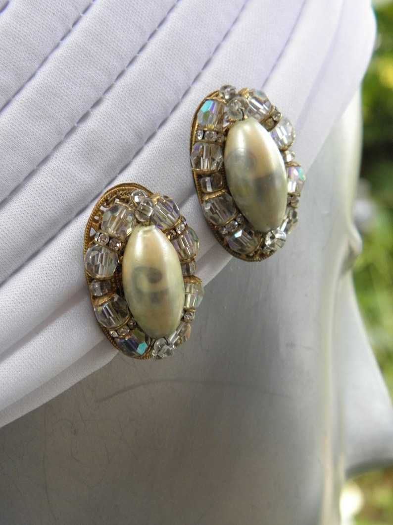 1940/'s Robert Pearl /& AB Crystals Vintage Earrings Miriam Haskell Rondels AB Crystals
