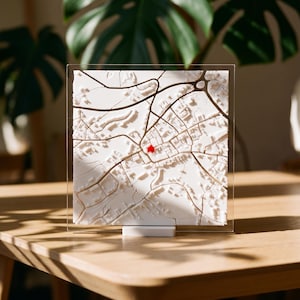May include: A square white 3D relief map mounted on a clear acrylic panel, featuring intricate street layouts and building blocks. A single small red marker is positioned near the center of the map, which is supported by a white base stand.