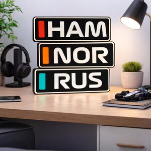 May include: Three illuminated black lightboxes with white text spelling "HAM", "NOR", and "RUS". Each lightbox has a colored stripe: red, orange, and teal. The text "LIGHT UP YOUR DESK!" is at the top.