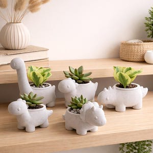 Puede incluir: Una colección de cinco macetas blancas con forma de dinosaurio, cada una con una pequeña planta suculenta. Las macetas están dispuestas sobre una estantería de madera clara. Las suculentas tienen hojas verdes y amarillas. Las macetas son de diferentes especies de dinosaurios.