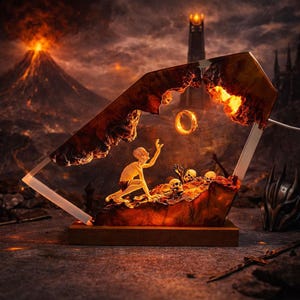 May include: A resin sculpture depicting a scene from a fantasy story. The sculpture features a figure reaching for a golden ring, with skulls and a volcanic landscape in the background. The sculpture is mounted on a wooden base.