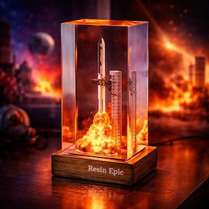 Puede incluir: Una escultura de resina de un cohete despegando, encerrado en un bloque rectangular transparente. El cohete es blanco y negro, con llamas en la base. La escultura se encuentra sobre una base de madera con el texto "Resin Epic".