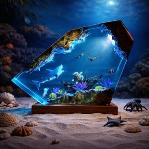 May include: A decorative resin sculpture featuring an underwater scene with a shark, divers, and a sunken ship. The artwork is encased in a clear, geometric form, set on a wooden base, and surrounded by seashells and a starfish.
