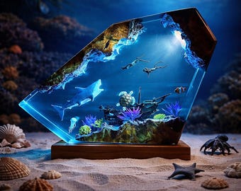 Lámpara nocturna de resina con forma de tiburón, tortuga y buceador, lámpara de epoxi oceánica con base de madera, lámpara LED de aguas profundas, decoración marina hecha a mano, regalo de Navidad, regalo de cumpleaños