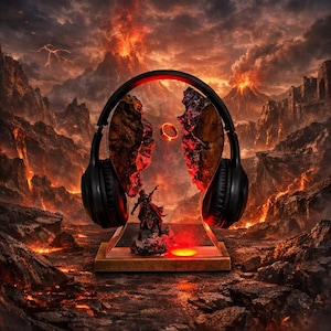 Puede incluir: Una obra de arte digital surrealista con auriculares negros que enmarcan un paisaje volcánico. Una pequeña figura se encuentra sobre una base de madera, con un anillo brillante en el centro. La escena está dominada por rojos y naranjas ardientes.