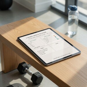 May include: A digital tablet displaying a "Calorie Deficit Planner" sits on a wooden bench. A black dumbbell and a water bottle are nearby. The planner includes sections for tracking meals, daily targets, and habits. The text "Small daily deficits create big long-term results" is at the bottom.