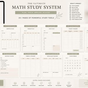 Puede incluir: Un sistema digital de estudio de matemáticas con una tableta que muestra la portada. El sistema incluye planificadores de estudio, establecimiento de objetivos y rastreadores. Las páginas son de color beige claro con detalles en verde e ilustraciones florales.