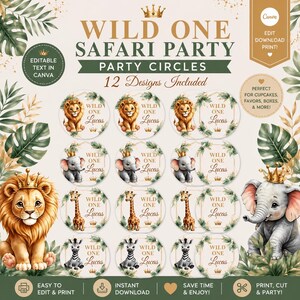 Pode incluir: Um conjunto de 12 etiquetas circulares para festas com ilustrações de um leão, elefante, girafa e zebra com coroas douradas. O texto diz WILD ONE SAFARI PARTY, 12 DESIGNS INCLUDED e WILD ONE LUCAS. Inclui detalhes de folhas tropicais.