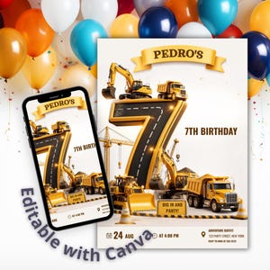 Construction 7th Birthday Invitation, Printable Dump Truck Party Invite Canva, Editable 3D Tractor Road Number 7 Boy Mobile Download Card