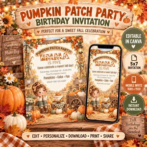 Pode incluir: Um modelo de convite de aniversário digital com tema de abóbora, ilustração infantil, folhas de outono e luzes. O texto diz Pumpkin Patch Party, Emma Is Five, e inclui detalhes do evento, além de ícones para celular e impressão.